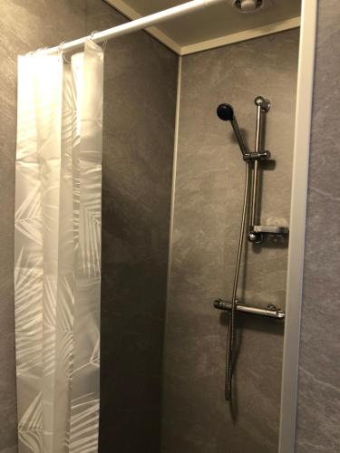 a shower stall in a bathroom with a shower curtain at Jølster Lake View in Årdal