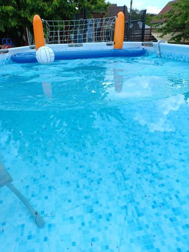 a swimming pool with a net in the water at Robitel Wellness Vendégház Veszprém-Gyulafirátót in Veszprém