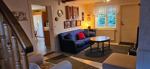 a living room with a blue couch and a table at Fully equipped house in the countryside at Knohult in Aneby