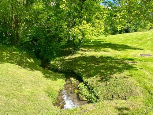 a creek in a field with trees and grass at Paisible cottage au bord de l'eau -15 mn des côtes in Pierrefitte-en-Auge