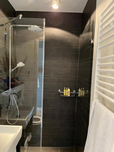een badkamer met een douche en een glazen deur bij B&B In de Schulp, retreat into your shell in Amstelveen