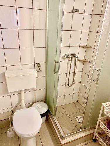 a small bathroom with a toilet and a shower at Pokoje Gościnne Razem 10 min do plaży in Władysławowo