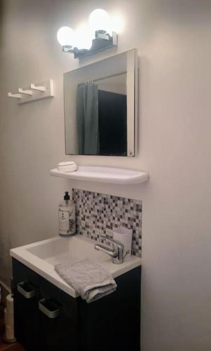 une salle de bain avec un lavabo et un miroir dans l'établissement Le studio d'en O, Au cœur de la haute ville de Pornic., à Pornic