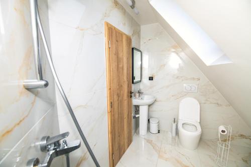 a bathroom with a toilet and a sink at Pyramids Haven in Rîmeţi