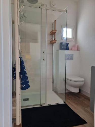 La salle de bains est pourvue d'une douche en verre et de toilettes. dans l'établissement Maison au calme proche calanques, à Marseille