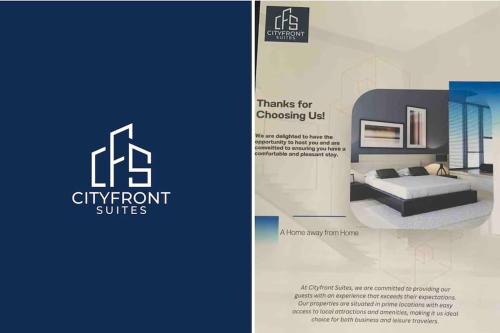 a brochure for a furniture store with a bed in a bedroom at Cityfront Luxe Apt Near City Centre Facing Etihad & Coop Live, Free Parking in Manchester