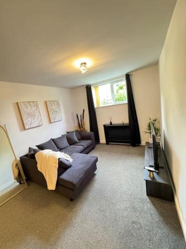 a living room with a couch and a television at Luxury cozy 3 bed Apartment 5mins from city - free parking! in Nottingham