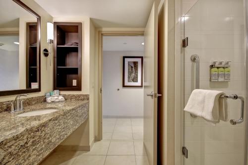 a bathroom with a sink and a shower at Holiday Inn Express Hotel & Suites Waterloo - St. Jacobs Area, an IHG Hotel in Waterloo