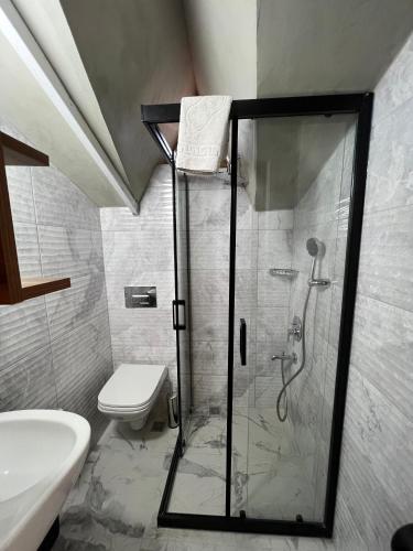 a bathroom with a shower and a toilet at Kaliptus Hotel in Kemer