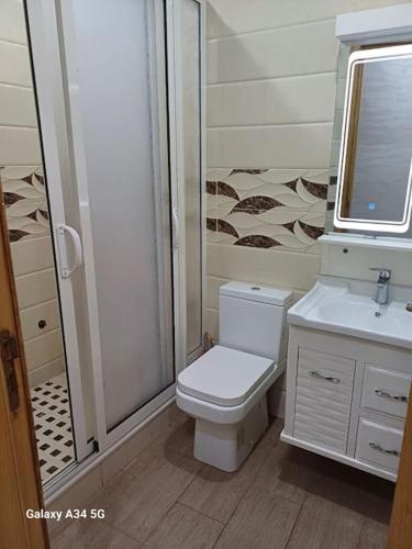 a bathroom with a toilet and a shower and a sink at Appartement entier avec piscine in Mohammedia