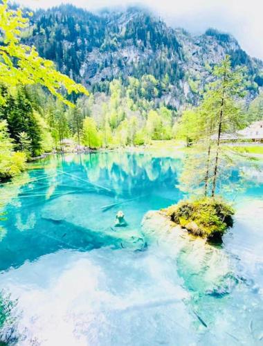a painting of a river with blue water at Amazing Modern & Great equipped Jacuzzi Apartment in Kandersteg