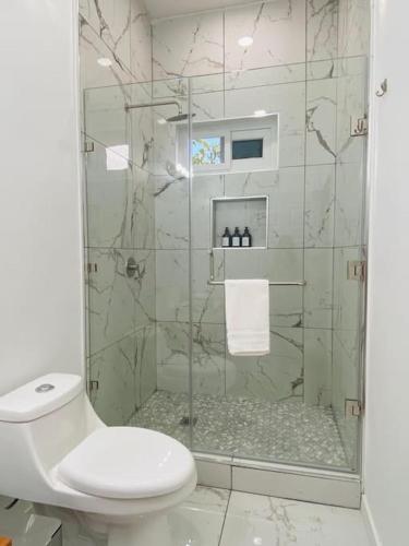 a bathroom with a glass shower with a toilet at Casa Nefertari I in Flores