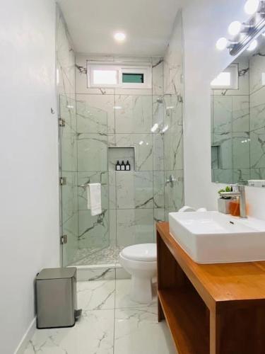 a bathroom with a shower and a sink and a toilet at Casa Nefertari I in Flores