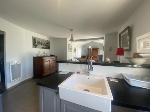 une cuisine avec un évier et un plan de travail noir dans l'établissement Maison raffinée au cœur de La Tranche, proche plage, parking et terrasse - FR-1-22-188, à La Tranche-sur-Mer