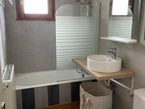 une salle de bain avec un lavabo et une douche dans l'établissement Charmant appartement rénové, 4 pers, balcon sud, prox. pistes et navette, Le Grand-Bornand - FR-1-467-126, au Grand-Bornand