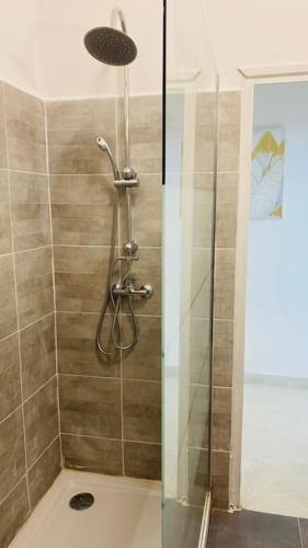 a shower with a glass door in a bathroom at Le Sunshine - Au cœur du centre ville de Pointe- à- Pitre - Proche de tout avec sa grande terrasse ensoleillée in Pointe-à-Pitre