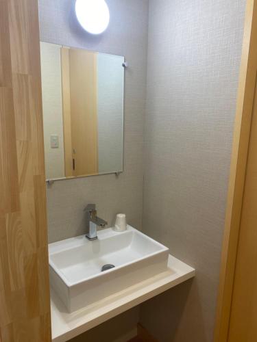 a bathroom with a white sink and a mirror at Madarao Lainstons in Iiyama