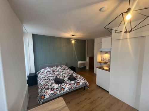 une chambre avec un lit avec une couette dessus dans l'établissement Appartement de charme dans le residence historique du Grand hotel, à Aix-les-Bains