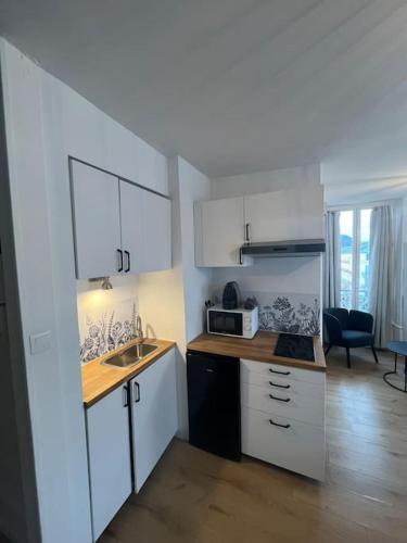une petite cuisine avec un évier et un micro-ondes dans l'établissement Appartement de charme dans le residence historique du Grand hotel, à Aix-les-Bains