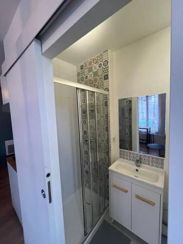 une salle de bain blanche avec un lavabo et une douche dans l'établissement Appartement de charme dans le residence historique du Grand hotel, à Aix-les-Bains