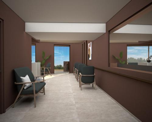 a waiting area in a hospital with chairs and windows at Ammos Eco Residence in Karteros