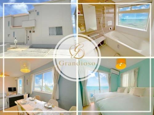 a collage of three pictures of a room with a bedroom at グランディオーソオーシャンビューヴィラ金武1 in Okinawa City