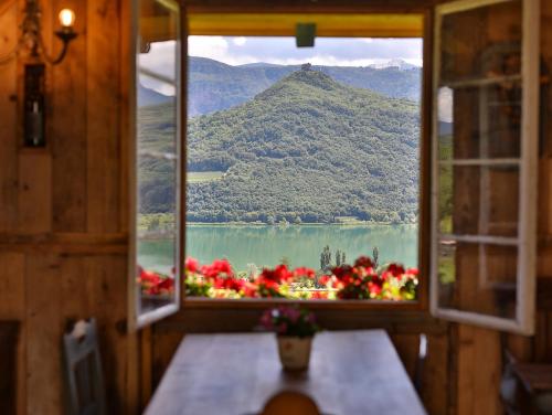 a window with a view of a lake and mountains at Arzenhof, Baron Di Pauli in Caldaro