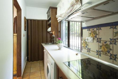 a kitchen with a sink and a counter with a window at Finca la Noguera-Sierra Cazorla in Quesada