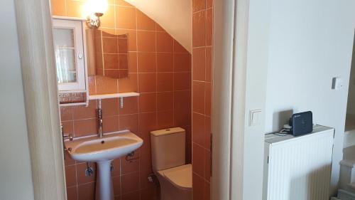 a small bathroom with a sink and a toilet at Villa Anna III in Nea Moudania