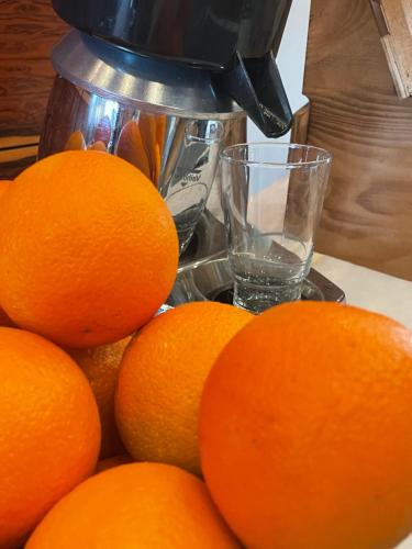 a pile of oranges sitting on a counter with a juicer at Hotel der Lennhof in Dortmund