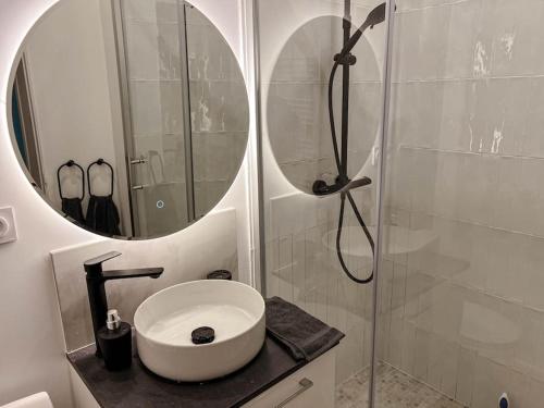 une salle de bain avec un lavabo et une douche avec un miroir dans l'établissement Le spacieux et confortable à 15min de la gare, à Valence