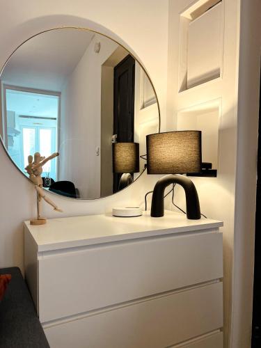 La salle de bains est pourvue d'un miroir sur une commode blanche. dans l'établissement Le cosy et confortable à 15min à pied de la gare, à Valence