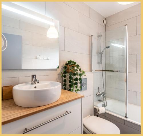 une salle de bain blanche avec un lavabo et des toilettes dans l'établissement Chez Chris I T2 I Annemasse, à Annemasse