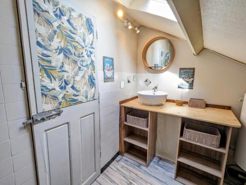 a bathroom with a sink and a mirror at Vivez dans un magnifique village Normand in La Carneille