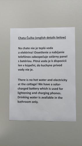 a white paper with a poem on it at Chata Čučka in Pribylina