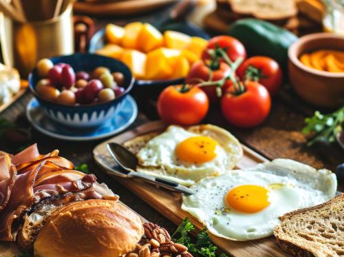 a breakfast table with eggs and bread and fruit at Ferienwohnung Werraquell Hütte in Masserberg