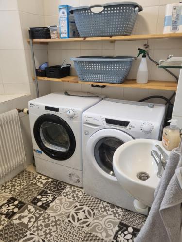 a washing machine and a sink in a bathroom at Le Gîte du Cerisier in Gy-les-Nonains