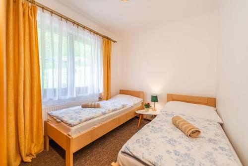 two beds in a room with a window at Wellness hotel Chata Jana in Lopeník