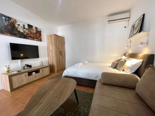 a small room with a bed and a couch at Apartments Pribilovic in Budva