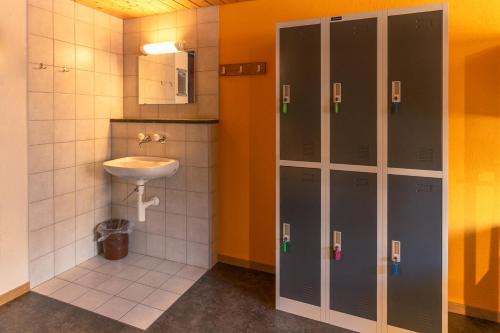 uma casa de banho com um lavatório e um WC em Eiger Lodge Easy em Grindelwald