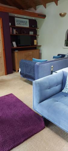 a living room with a blue couch and a purple rug at Straw Bale Cottage in Halesworth
