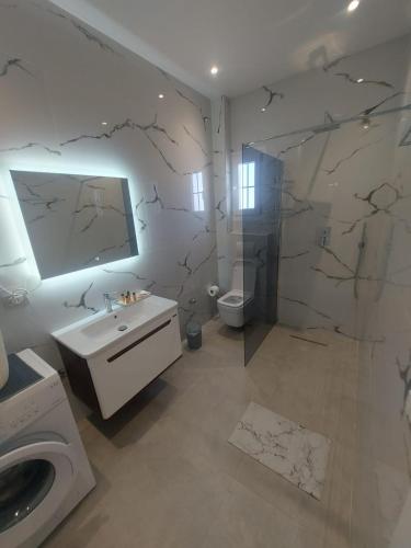 a bathroom with a sink and a toilet and a shower at Piazza Apartments in Velipojë