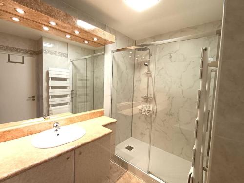 une salle de bain avec un lavabo et une douche dans l'établissement Appartement spacieux avec terrasse en plein centre, à Anglet