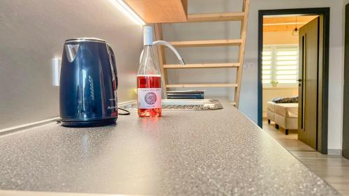 a counter top with a bottle on top of it at Apartmány nad vinným sklepem u Václavíků in Velké Bílovice