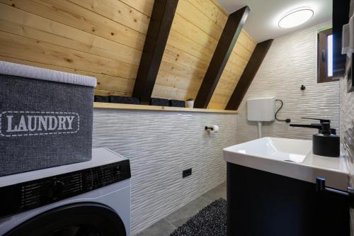 a laundry room with a sink and a washing machine at Kuća za odmor Sokolac in Brinje