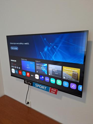 telewizor z płaskim ekranem wiszący na ścianie w obiekcie Hotelak Martinov w Ostravie