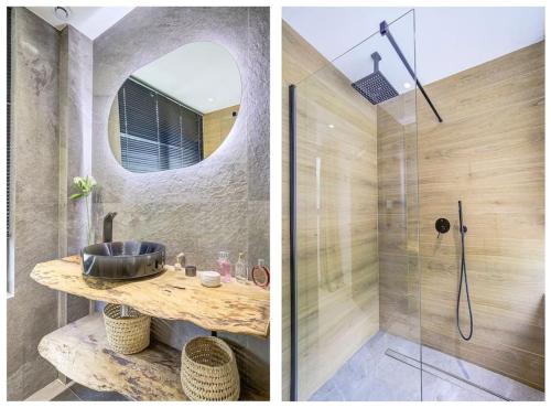 une salle de bain avec un lavabo et une douche avec un miroir dans l'établissement Luxueuse Villa californienne à Opio, à Opio