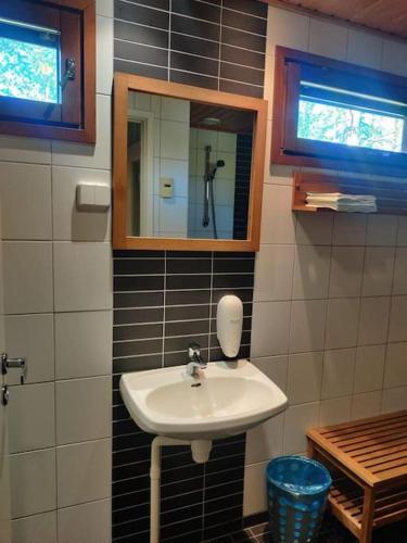 a bathroom with a sink and a mirror at Kylpyla Spa, Saimaa Villa Efrat B8 in Imatra