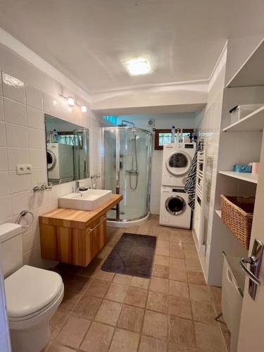 une salle de bain avec un lavabo et une machine à laver dans l'établissement Villa paisible vue panoramique, au Lavandou