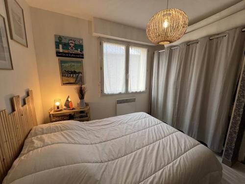 une chambre avec un grand lit et un lustre dans l'établissement Appartement 4 pers Quartier de l'Isle - Saint Cast, à LʼIsle-Saint-Cast